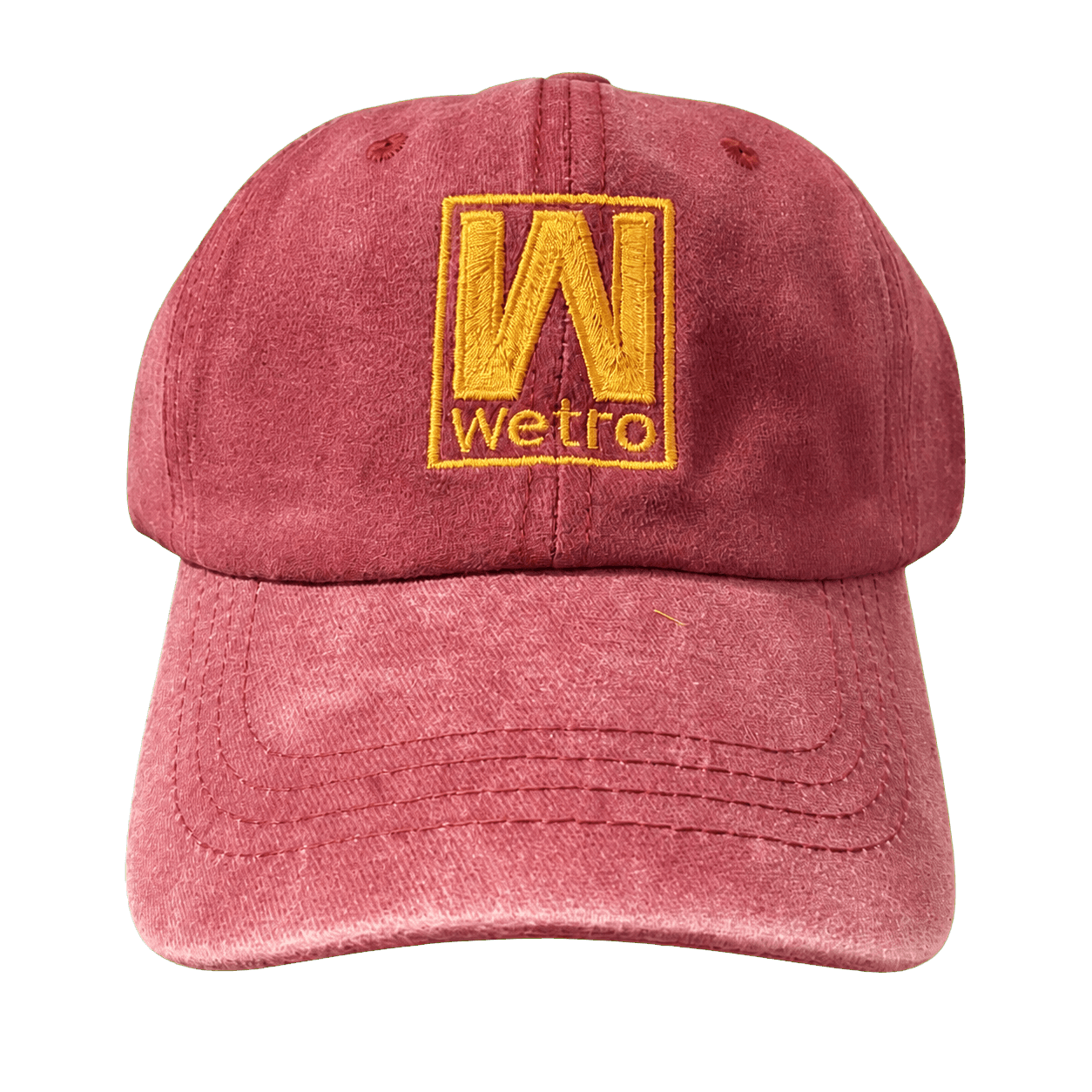Washed burgundy cap with a gold embroidered Wetro block logo
