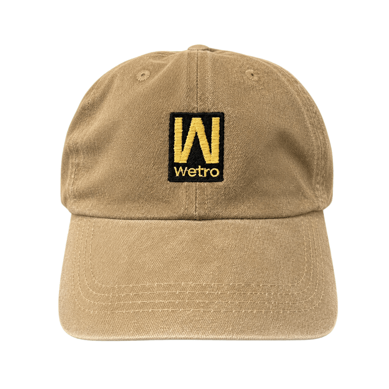 Washed khaki cap with a black-and-gold embroidered Wetro block logo