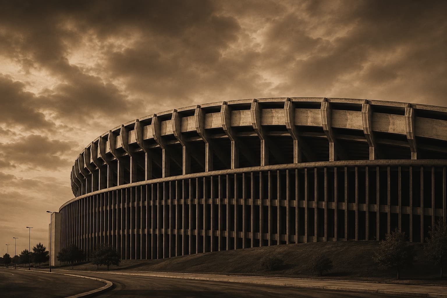Sepia-toned concrete stadium beneath dramatic clouds